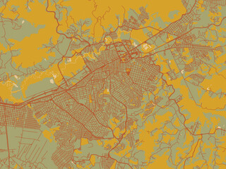Vector-style flat map of Mogi das Cruzes, Brazil with earthy sage background with rust roadways and ochre details.