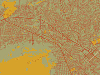 Abstract flat-design map of Nova Iguacu, Brazil, featuring olive backdrop with warm rust street network and ochre blocks.