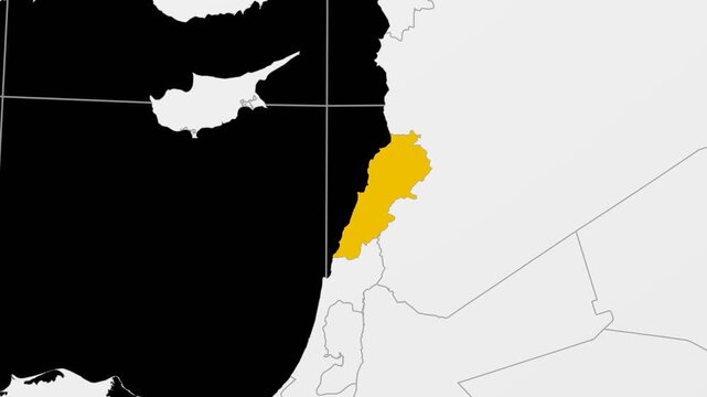 Lebanon map. Animated zoom into the country on the Globe in Black White color palette. Country logo animation. Map with meridians, parallels. Stylish video.
