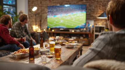 Group of young men enjoying a sports match on a large TV in a cozy, loft-style living room. The coffee table is covered with beer glasses, bottles, various appetizers. Focus on relaxed, fun atmosphere