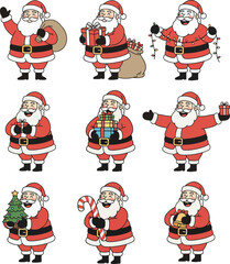 Collection of nine cartoon Santas in various poses, holding Christmas gifts and items