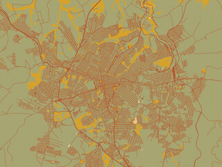 Vector-style flat map of Ponta Grossa, Brazil with muted sage base, rust-colored roads, and soft ochre highlights.