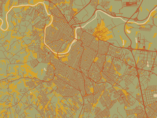 Vector-style flat map of Piracicaba, Brazil with sage green ground with rust-red roads and ochre accents.
