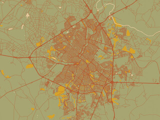 Abstract flat-design map of Ribeirao Preto, Brazil, featuring earthy sage background with rust roadways and ochre details.