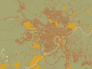 Stylized minimalist map of Rio Branco, Brazil in sage green ground with rust-red roads and ochre accents.