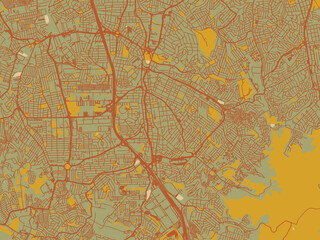 Modern flat map poster of Sao Bernardo do Campo, Brazil in sage green ground with rust-red roads and ochre accents.