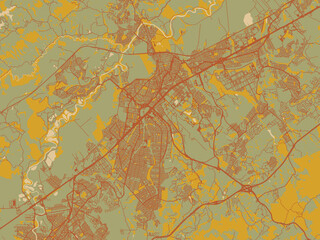 Flat painterly map of Sao Jose dos Campos, Brazil in sage/olive tone field with rust networks and ochre shapes, cream water.