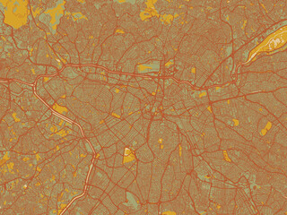 Abstract flat-design map of Sao Paulo, Brazil, featuring earthy sage background with rust roadways and ochre details.