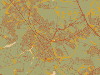 Decorative flat city map of Sumare, Brazil using sage/olive tone field with rust networks and ochre shapes, cream water.