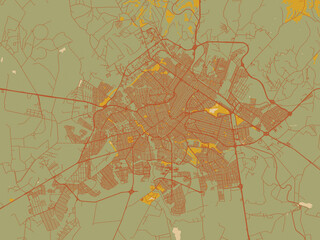 Stylized minimalist map of Uberlandia, Brazil in muted sage base, rust-colored roads, and soft ochre highlights.