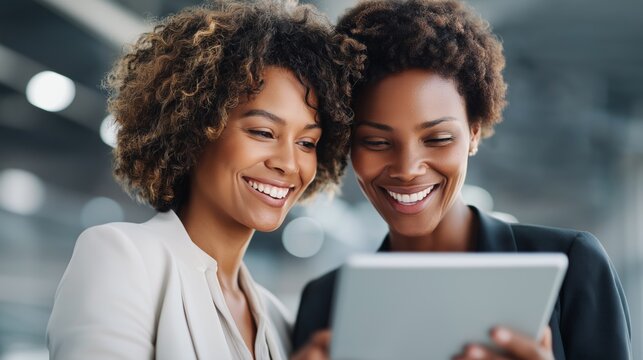 Two women are smiling as they look at a tablet together in a bright, modern office environment. Their expressions show excitement and collaboration, making the scene vibrant and lively