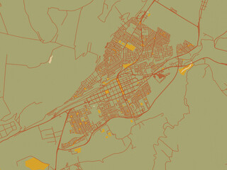 Stylized minimalist map of Ovalle, Chile in sage green ground with rust-red roads and ochre accents.