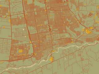Flat painterly map of Puente Alto, Chile in olive backdrop with warm rust street network and ochre blocks.