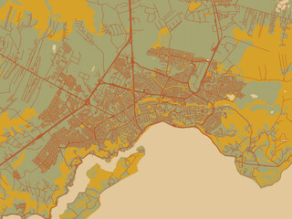 Stylized minimalist map of Puerto Montt, Chile in sage/olive tone field with rust networks and ochre shapes, cream water.