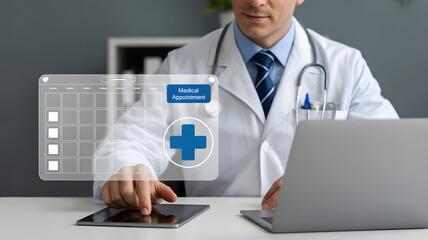 Doctor scheduling medical appointments digitally using tablet and laptop for efficient patient care