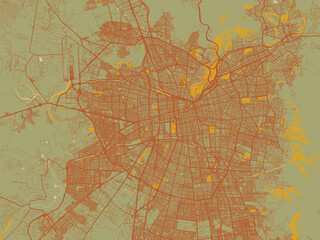 Stylized minimalist map of Santiago, Chile in muted sage base, rust-colored roads, and soft ochre highlights.