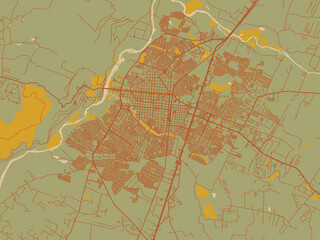 Poster-ready flat map of Talca, Chile, muted sage base, rust-colored roads, and soft ochre highlights.