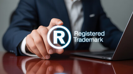 Businessman interacts with glowing Registered Trademark symbol on desk, securing brand identity