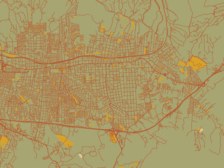 Modern flat map poster of Villa Alemana, Chile in olive backdrop with warm rust street network and ochre blocks.