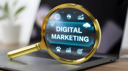 Magnifying glass reveals 'Digital Marketing' icons for strategic growth and online success