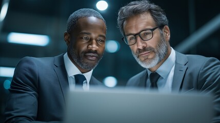 Two well-dressed men are engaged in a focused discussion inside a sleek office. They analyze data on a laptop screen, exchanging ideas and insights, highlighting teamwork and collaboration