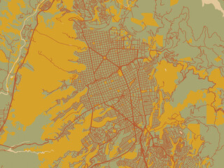 Abstract flat-design map of Bucaramanga, Colombia, featuring sage/olive tone field with rust networks and ochre shapes, cream water.