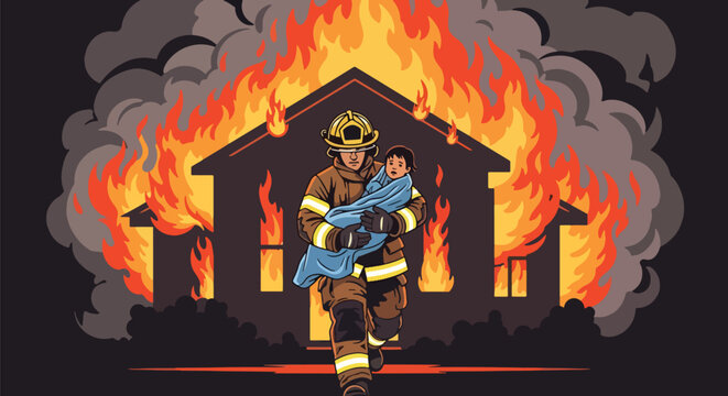 Flat vector of heroic firefighter carrying rescued child from burning house, symbol of bravery, compassion, and safety