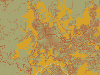 Minimalist flat city map of Manizales, Colombia with earthy sage background with rust roadways and ochre details.