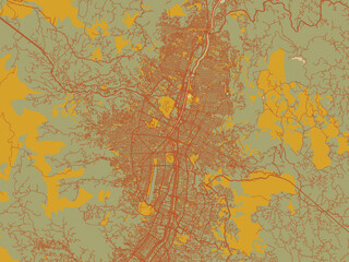 Minimalist flat city map of Medellin, Colombia with muted sage base, rust-colored roads, and soft ochre highlights.