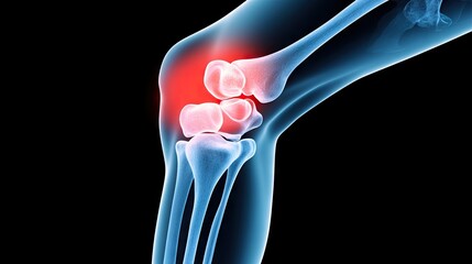 High-resolution X-ray revealing knee joint pain due to bone pathology and arthritis features against a striking black background