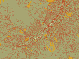Obraz premium Vector-style flat map of Itaguei, Colombia with sage green ground with rust-red roads and ochre accents.
