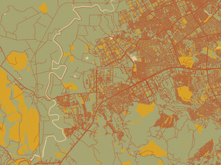 Modern flat map poster of Soacha, Colombia in muted sage base, rust-colored roads, and soft ochre highlights.