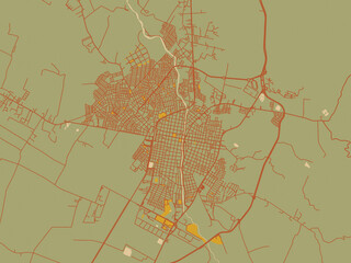 Stylized minimalist map of Tulua, Colombia in olive backdrop with warm rust street network and ochre blocks.