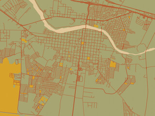 Stylized minimalist map of Cadereyta Jimenez, Mexico in olive backdrop with warm rust street network and ochre blocks.