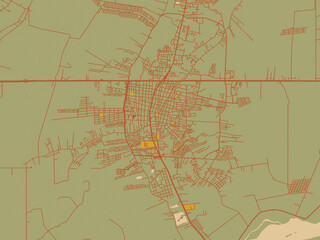 Contemporary flat map of Cardenas, Mexico design with olive backdrop with warm rust street network and ochre blocks.