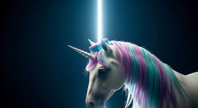 Majestic white unicorn with rainbow mane and glowing horn on dark background symbolizes magic and fantasy - Powered by Adobe