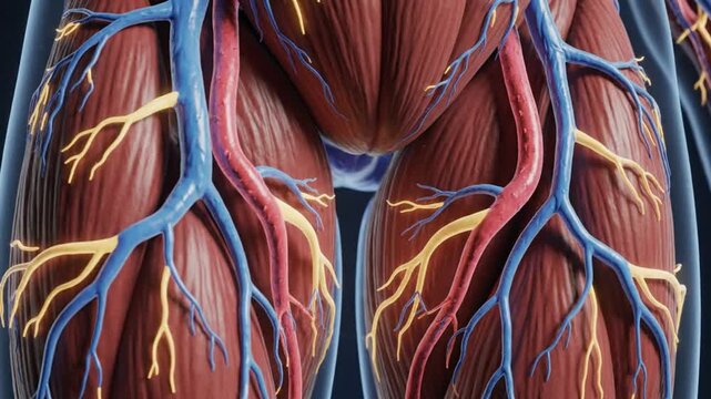 Detailed Animation of Human Leg Nerves and Blood Vessels Firing.