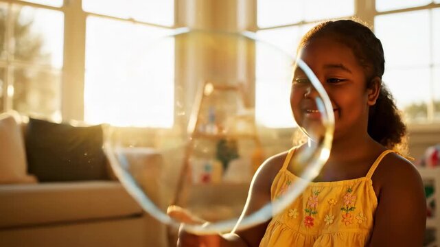 Young Black girl with Down syndrome playing with soap bubble at home. Child with special needs enjoying moment of wonder in warm sunlight