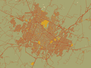 Decorative flat city map of Ciudad de Villa de Alvarez, Mexico using olive backdrop with warm rust street network and ochre blocks.