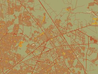 Flat painterly map of Ciudad Apodaca, Mexico in earthy sage background with rust roadways and ochre details.