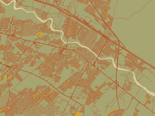 Abstract flat-design map of Ciudad Benito Juarez, Mexico, featuring earthy sage background with rust roadways and ochre details.