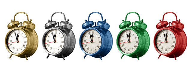 Collection of classic retro alarm clocks in gold, silver, blue, green, and red colors isolated on...