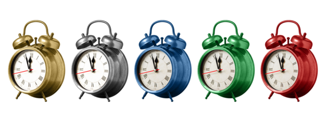 Collection of classic retro alarm clocks in gold, silver, blue, green, and red colors isolated on white background