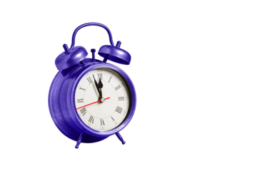 retro clock, pointer clock, purple color alarm clock on isolated white background close up