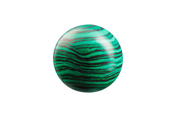 A polished malachite sphere on a white background, featuring swirling green bands with dark accents. Ideal for decorative purposes or mineral collections with its vibrant, natural patterns.