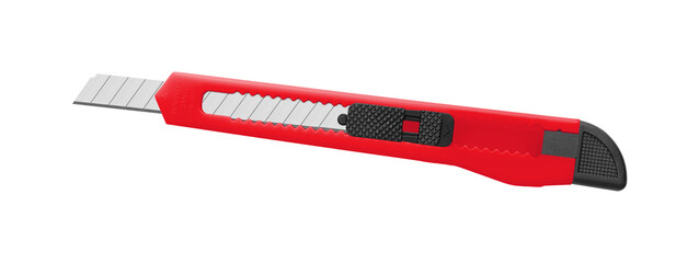 A vibrant Red utility knife with black grip and retractable blade, ideal for precise cutting. Perfect for office or craft use with ergonomic and safe features.