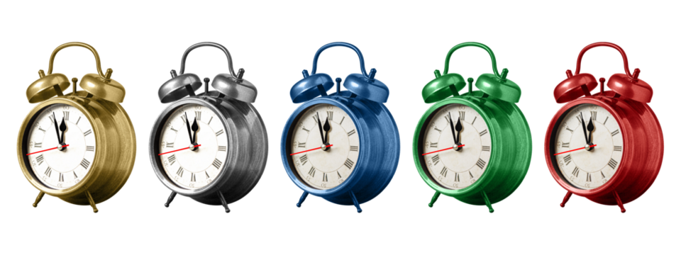 Collection of classic retro alarm clocks in gold, silver, blue, green, and red colors isolated on white background