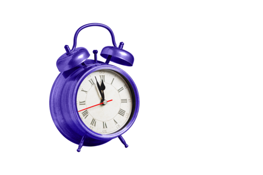 retro clock, pointer clock, purple color alarm clock on isolated white background close up