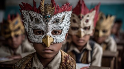 Young boy wearing traditional bird mask in classroom, focused expression, cultural celebration atmosphere