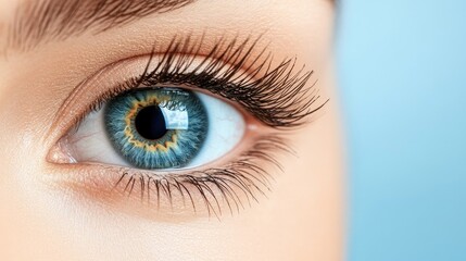 Obraz premium Captivating close-up of a woman's eye showcasing striking blue iris and long, delicate eyelashes